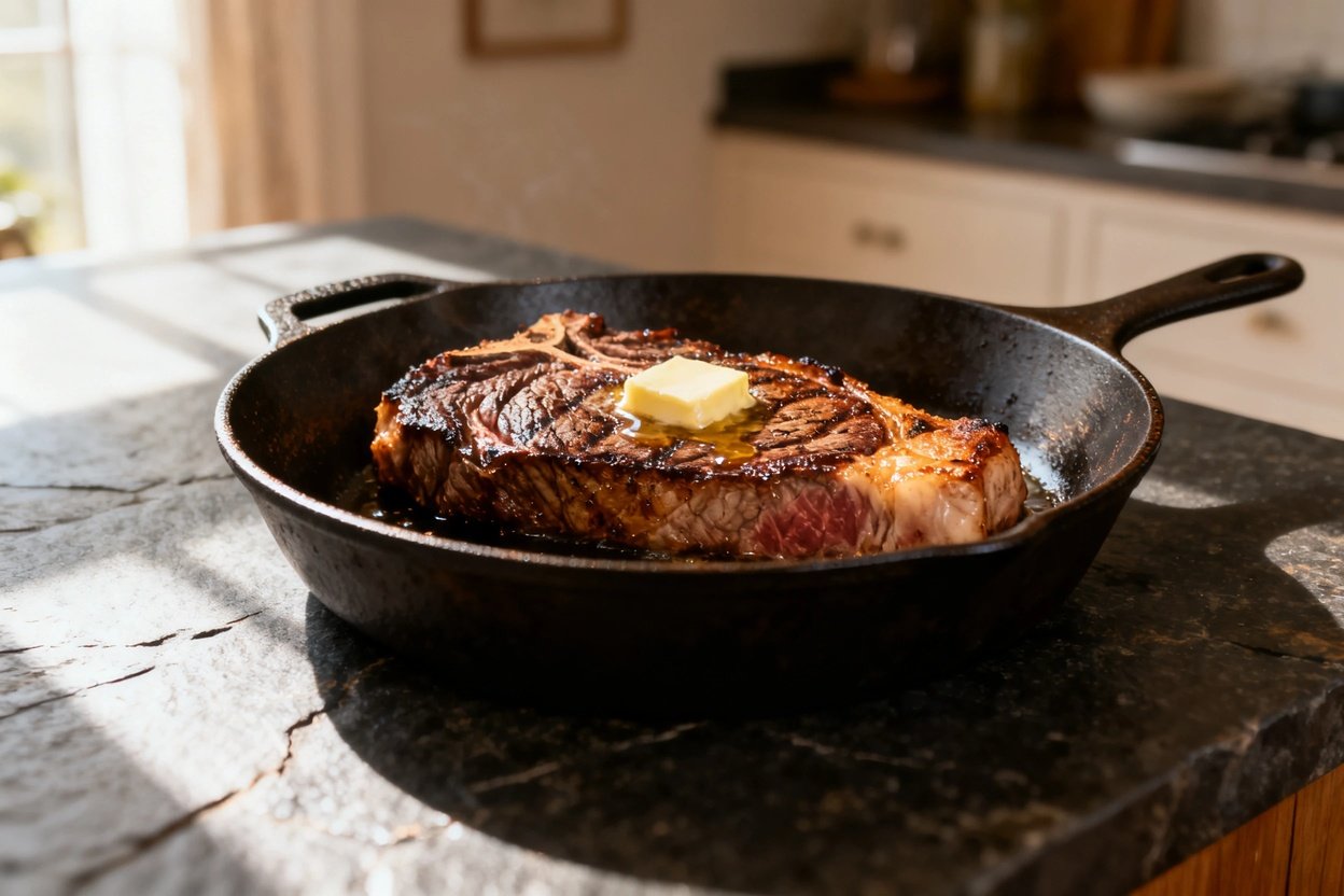 slightly angled perspective, around 30–40 degrees, resting just as it was seared in the cast-iron s