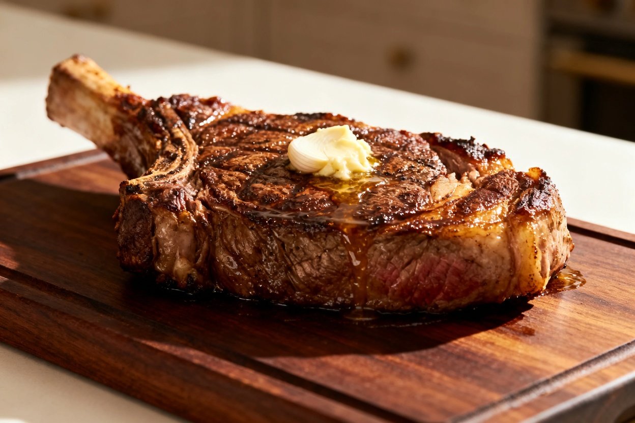 p of the Ribeye steak plated on dark wood serveware. This image emphasizes the luxurious texture of