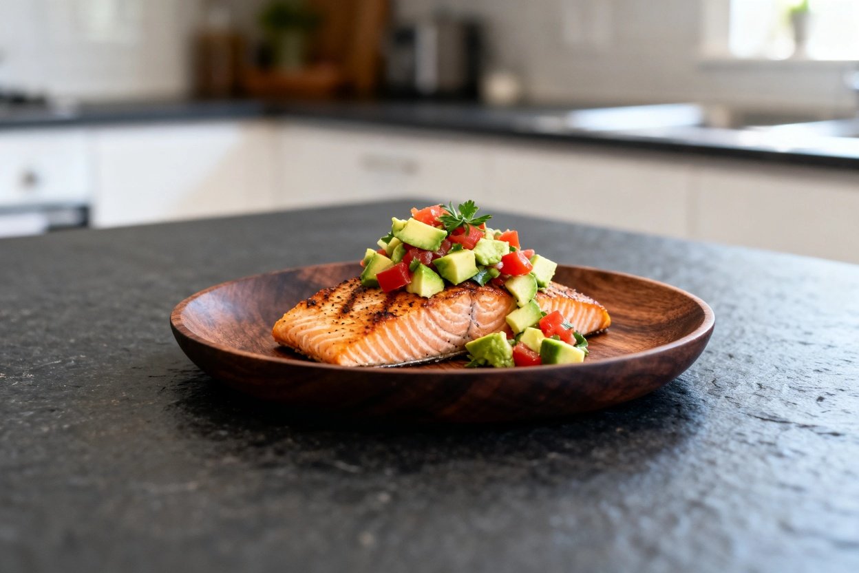 lmon and avocado salsa, presented at a slightly angled, approximately 30-degree perspective. The dis