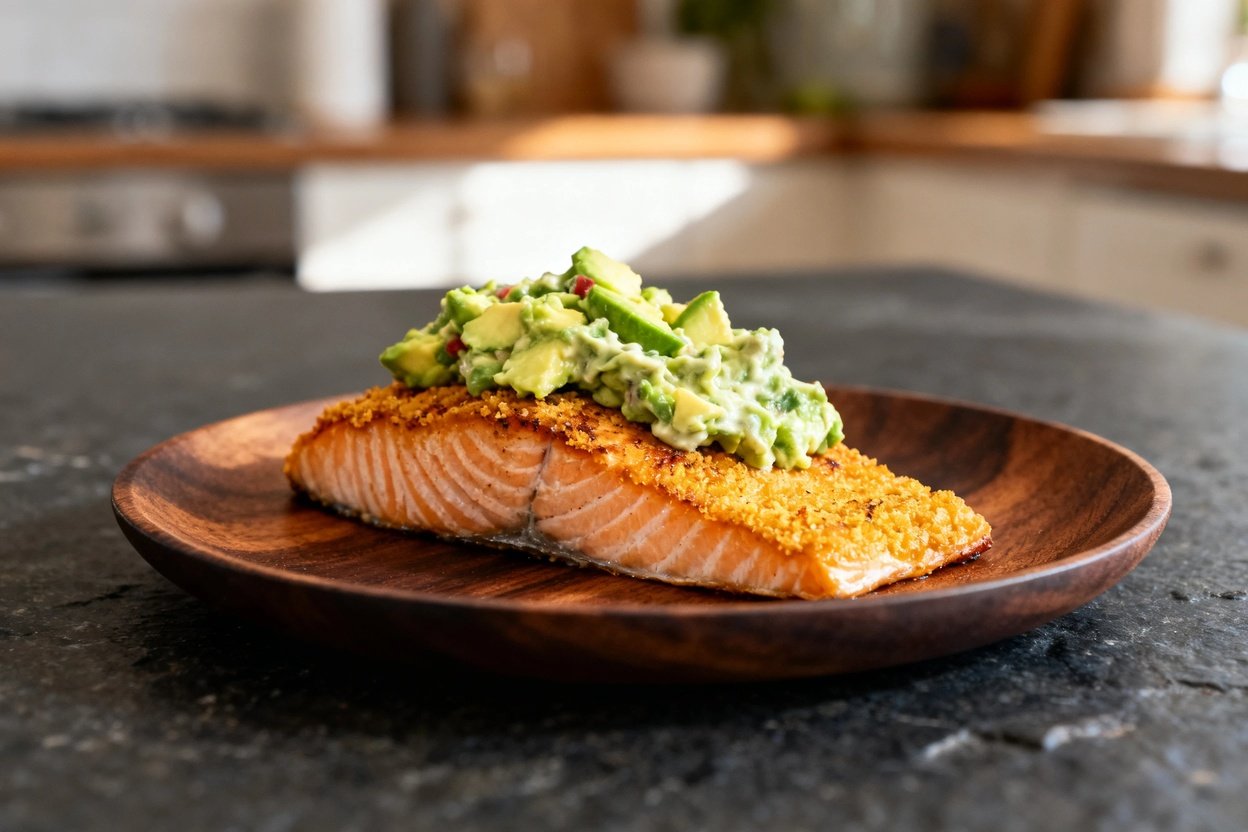  of the seared salmon and avocado salsa, shot from a 30-45 degree angle to accentuate the dish's tex