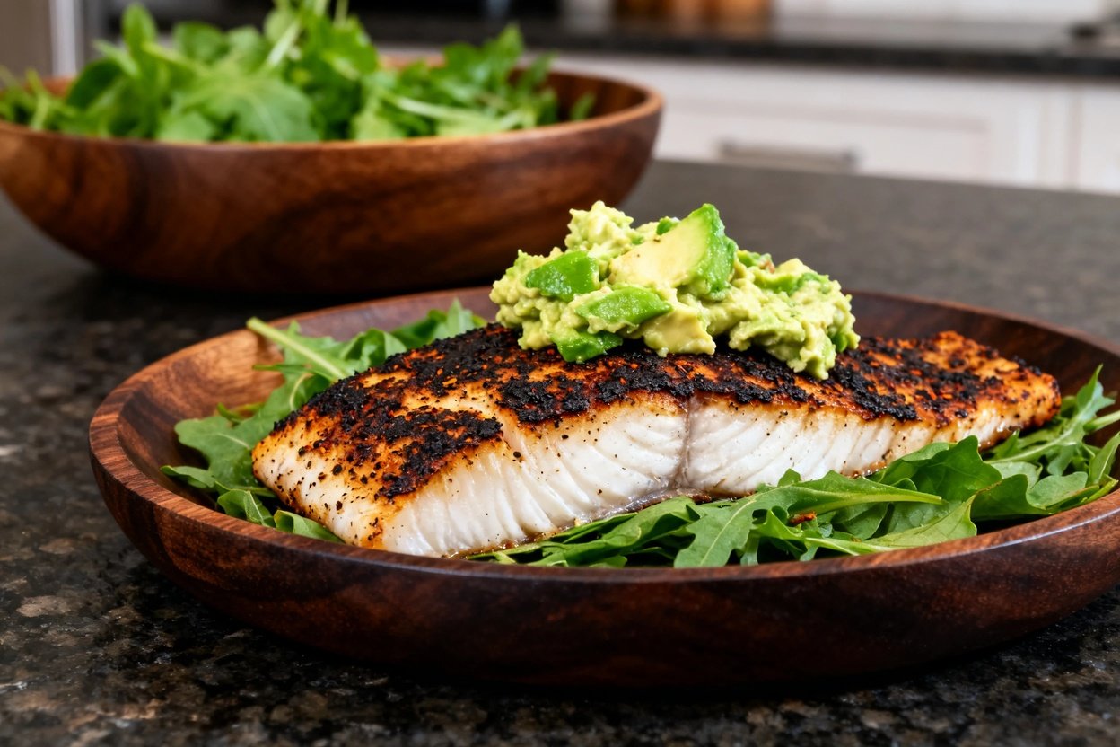 ed to perfection with smoky spices, resting on a bed of fresh greens and topped with a creamy avocad