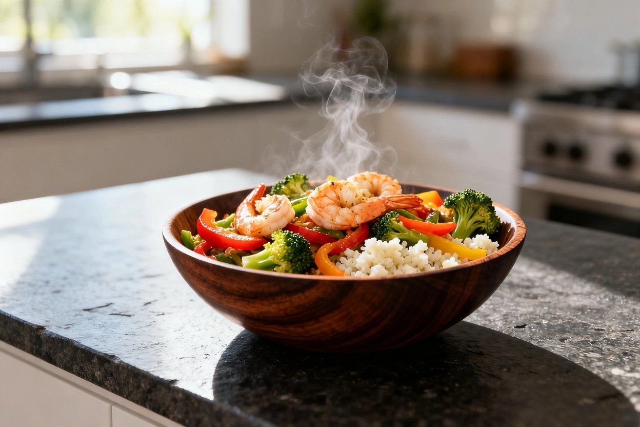 , approximately 30-degree perspective of the same vibrant low carb shrimp stir fry, centered in the