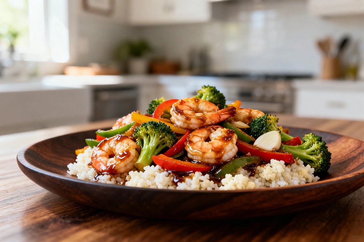 hero shot of the vibrant low carb shrimp stir fry, centered and plated on a dark wood serving dish,