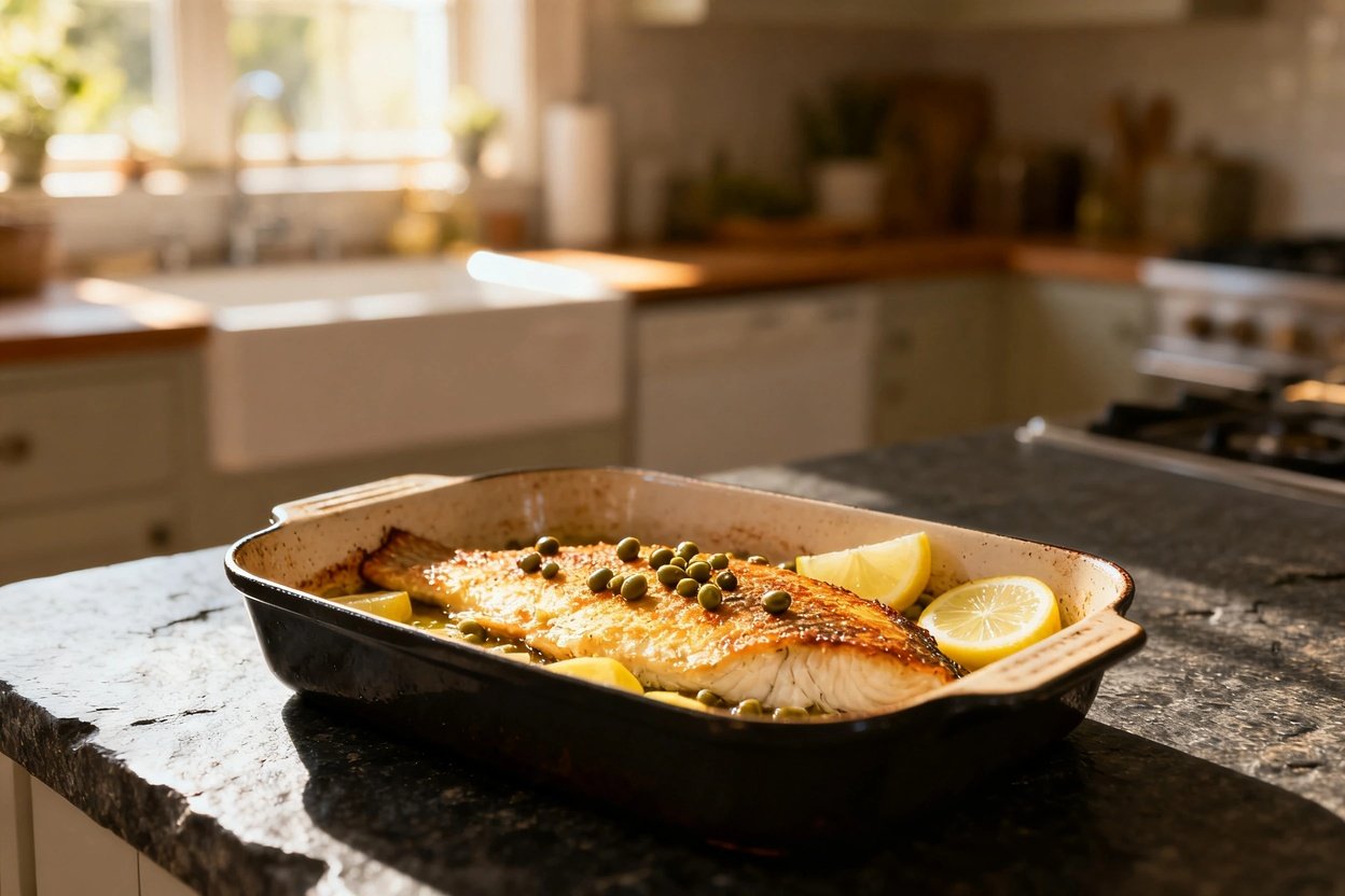 The tilapia fillet in the baking dish, captured at a slight angle (30–40 degrees), showcasing its golden-brown delight
