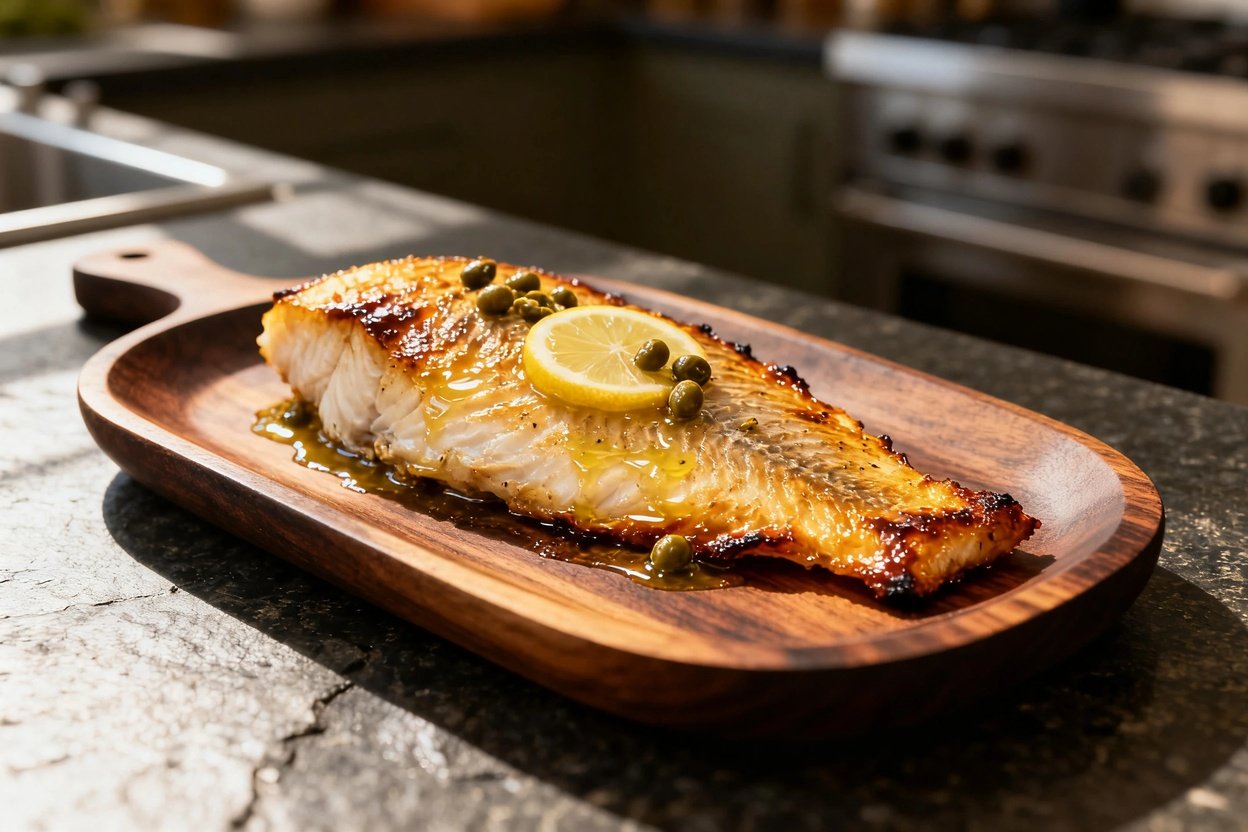 A single tilapia fillet on a dark wood serving plate highlights its delicate texture and the alluring aroma of lemon and capers