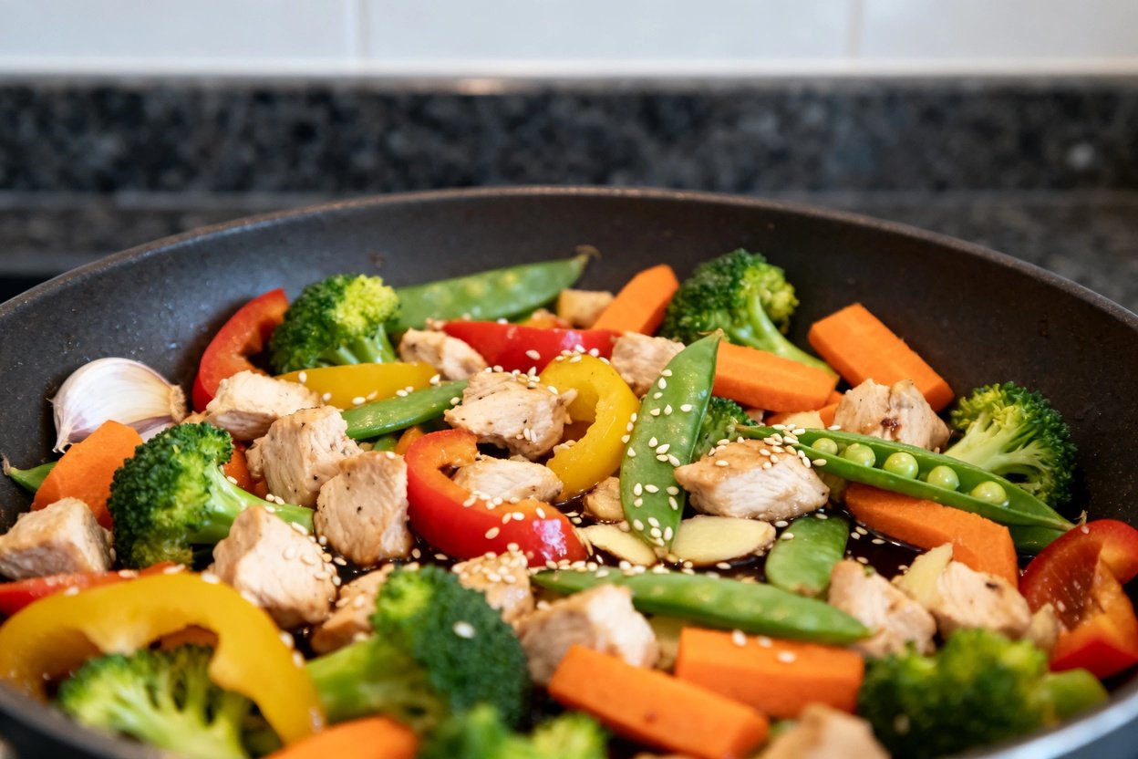 Diabetes-friendly chicken and vegetable stir-fry with lean diced chicken breast, broccoli, bell peppers, carrots, and more.