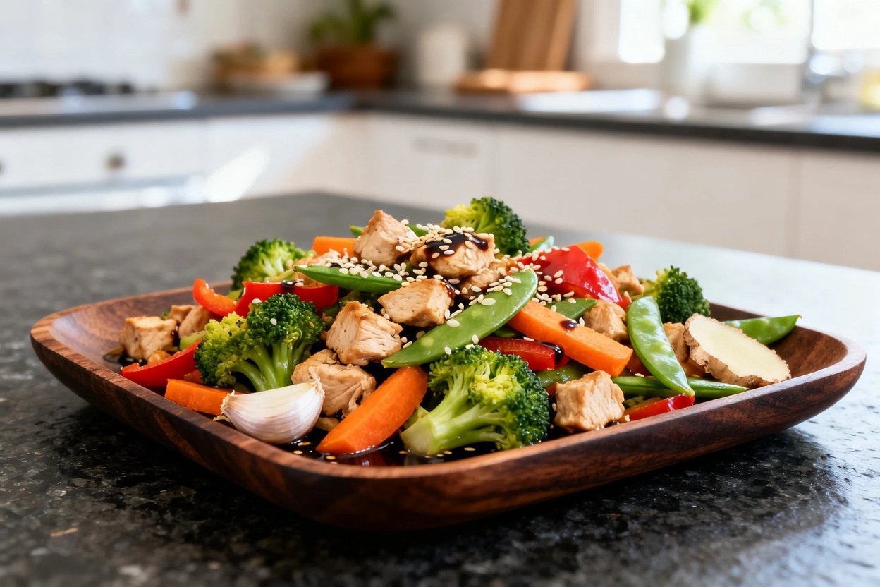 Close-up shot of the same vibrant chicken and vegetable stir-fry, focusing on the texture.