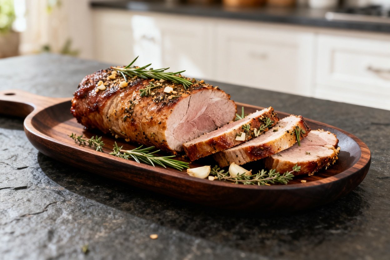 ly 30 degrees, of the roasted pork tenderloin on a dark wood serving plate. The same succulent slice