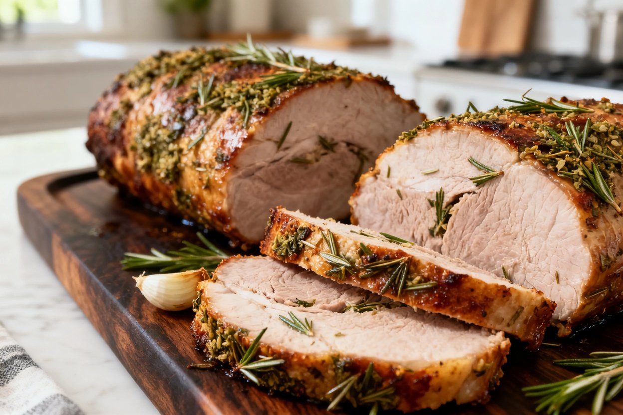 k tenderloin, highlighting the texture of the meat and the herb-infused crust. The dish is carefully