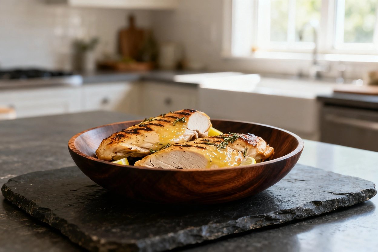 40 degrees, capturing the lemon herb grilled chicken breasts in a dark wood serving bowl immediately