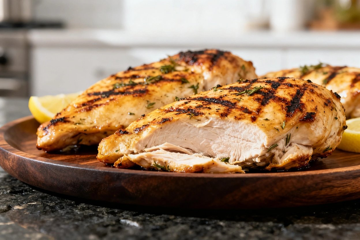 imately 30-45 degrees of the lemon herb grilled chicken breasts on a dark wood serving plate. The fo