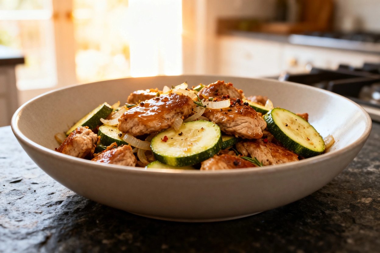 iew of the same turkey zucchini skillet portion, served immediately after cooking. The dish sits cen