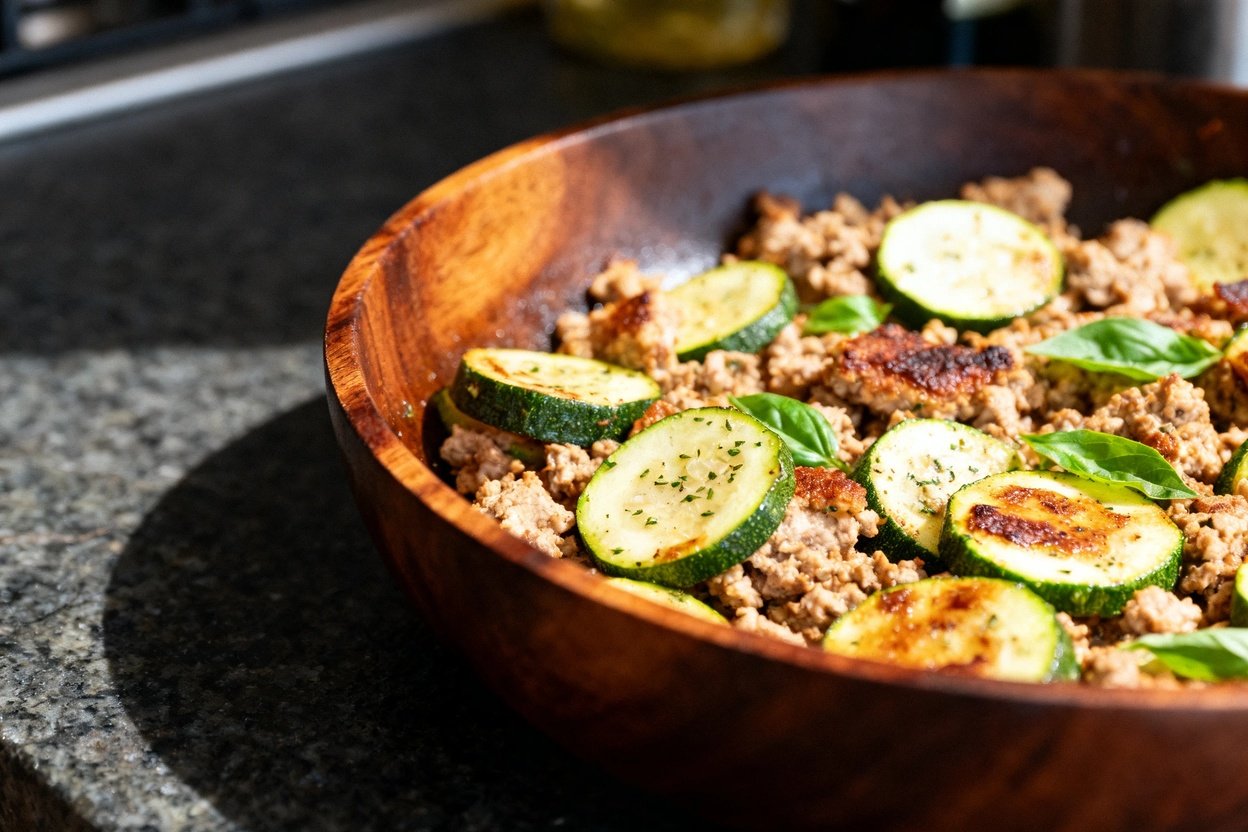 y 30–45 degrees, capturing a detailed look at the turkey zucchini skillet. The dish is served on dar
