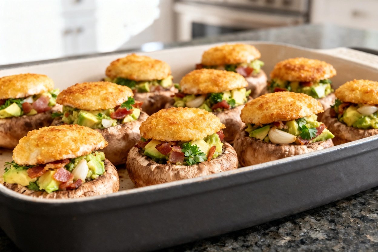 pective of the same stuffed button mushrooms, filled with the mixture of avocado, bacon, garlic, and