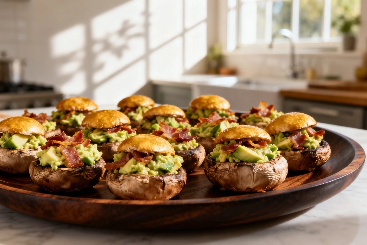 ing closely on the stuffed mushrooms to emphasize their texture. The dish is centered on a dark wood