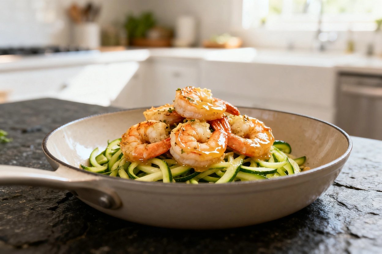 , approximately 30-40 degree camera perspective of the keto garlic butter shrimp served over zoodles