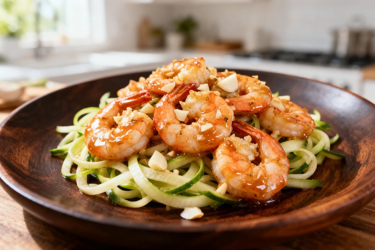 shot, approximately 30-45 degrees, focusing on the texture of the keto garlic butter shrimp and zood