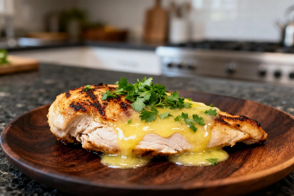 portion of keto grilled chicken on a dark wood plate, capturing the juicy texture of the seared chic
