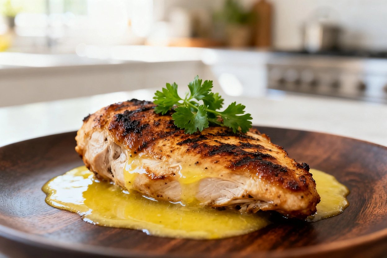 of the grilled chicken breast, approximately 30–45 degrees, showcasing the texture of the sear and t