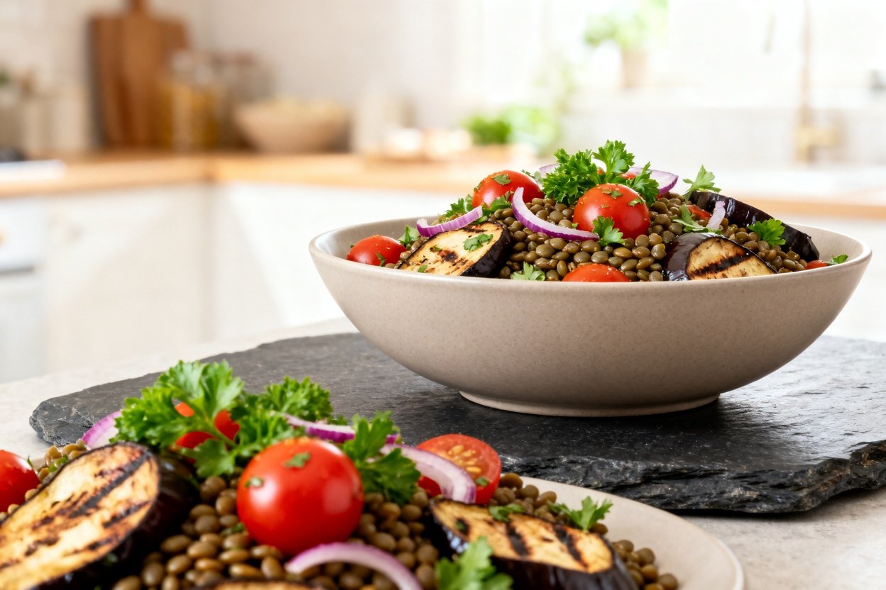hotograph of the Longevity Grilled Eggplant and Lentil Salad. The dish is presented in a neutral, si