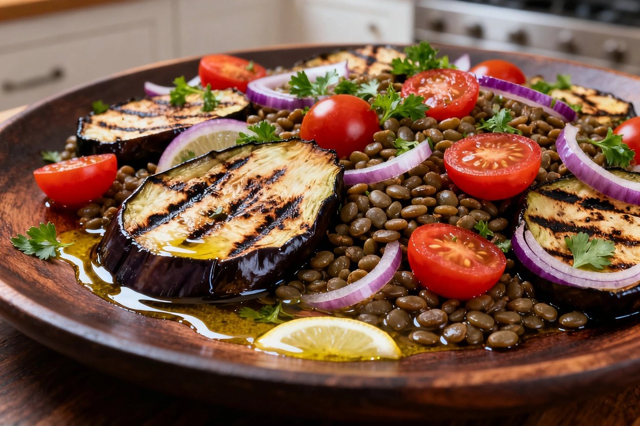 the Longevity Grilled Eggplant and Lentil Salad, showcasing texture and freshness. Plated on a dark 