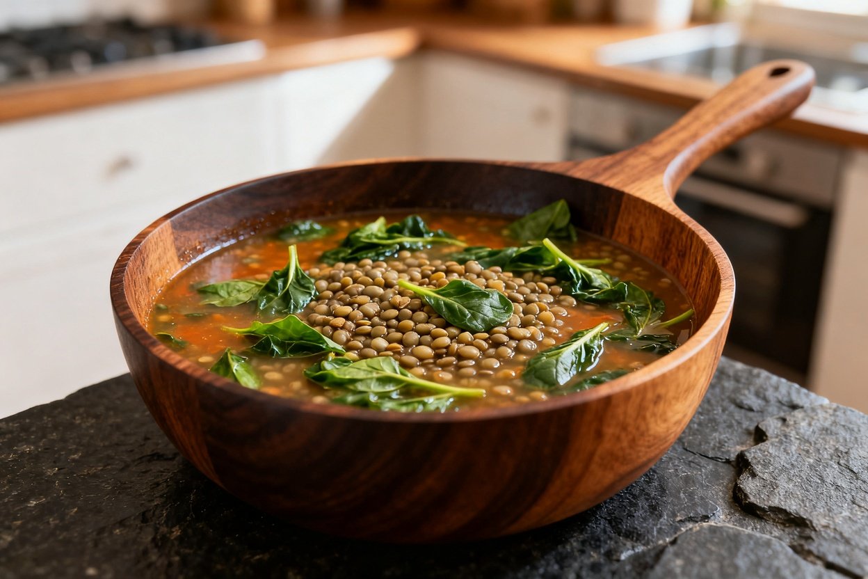 and spinach soup now viewed from a slightly angled perspective, approximately 30–40 degrees. It sit