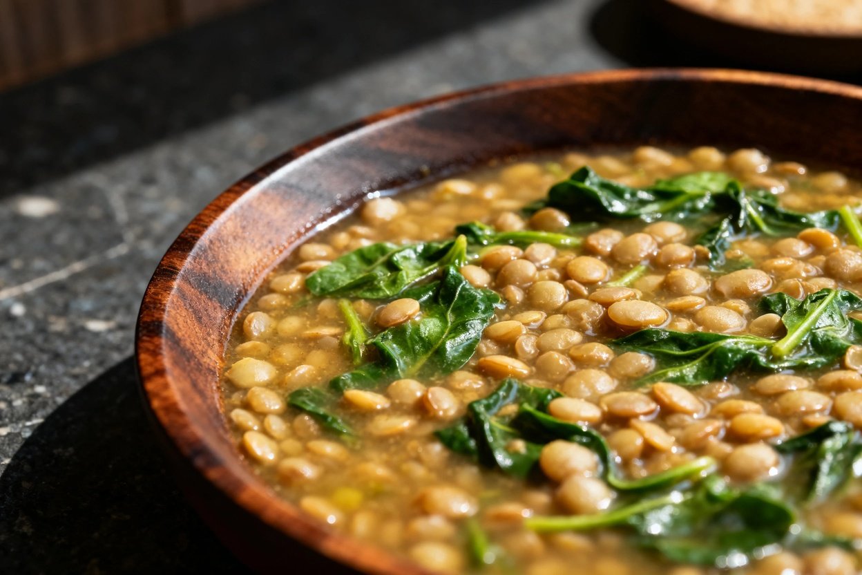 30–45 degrees, of the hearty lentil and spinach soup, plated on dark wood dishware. The focus is on
