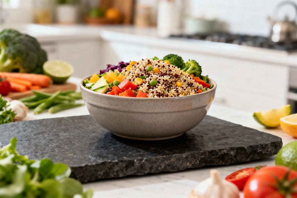 ed Quinoa Bowl seen from a slightly angled perspective, approximately 30–40 degrees. This angle allo