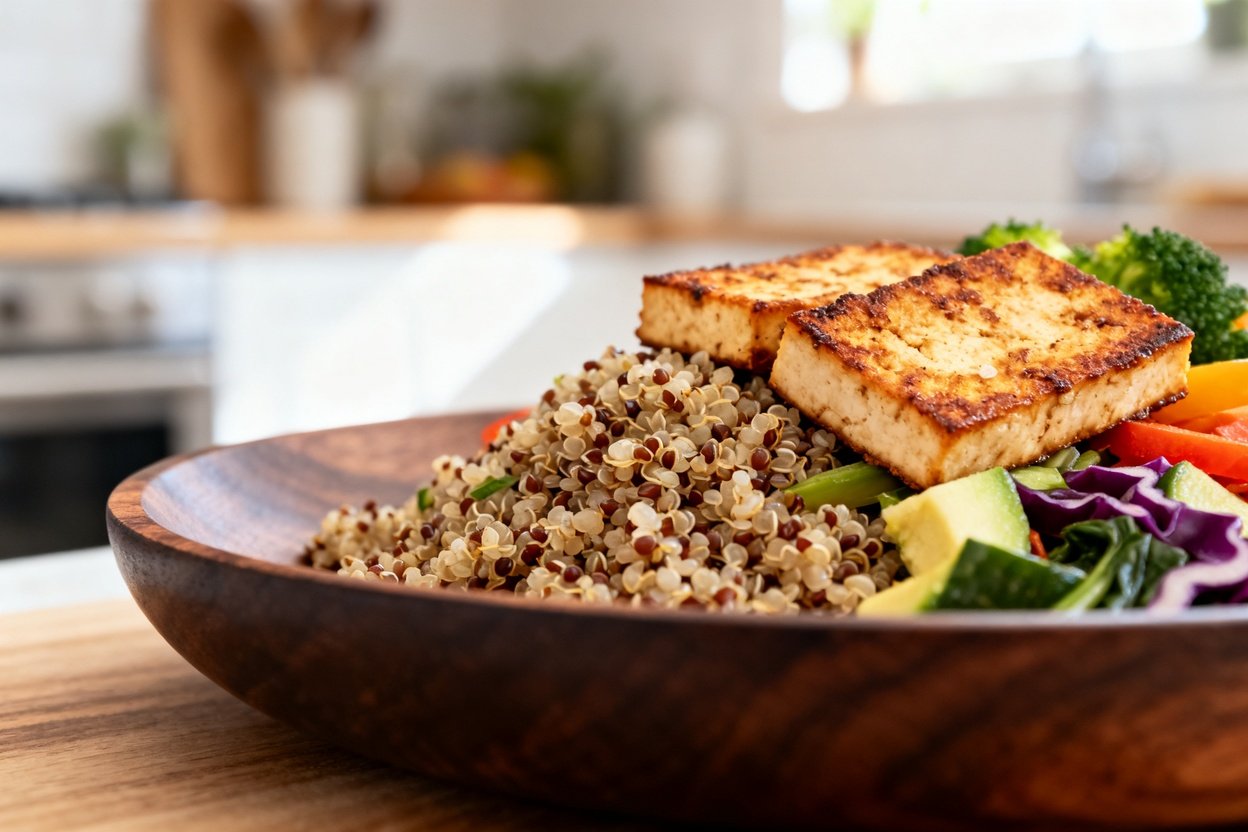 ant-Based Quinoa Bowl, captured from an angled perspective of approximately 30–45 degrees. The image