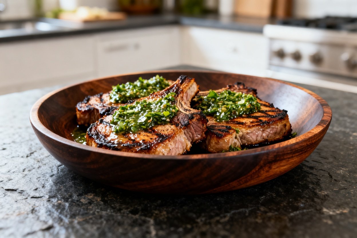 –40 degrees of the same grilled pork chops with chimichurri sauce. The dish sits in a dark wood serv
