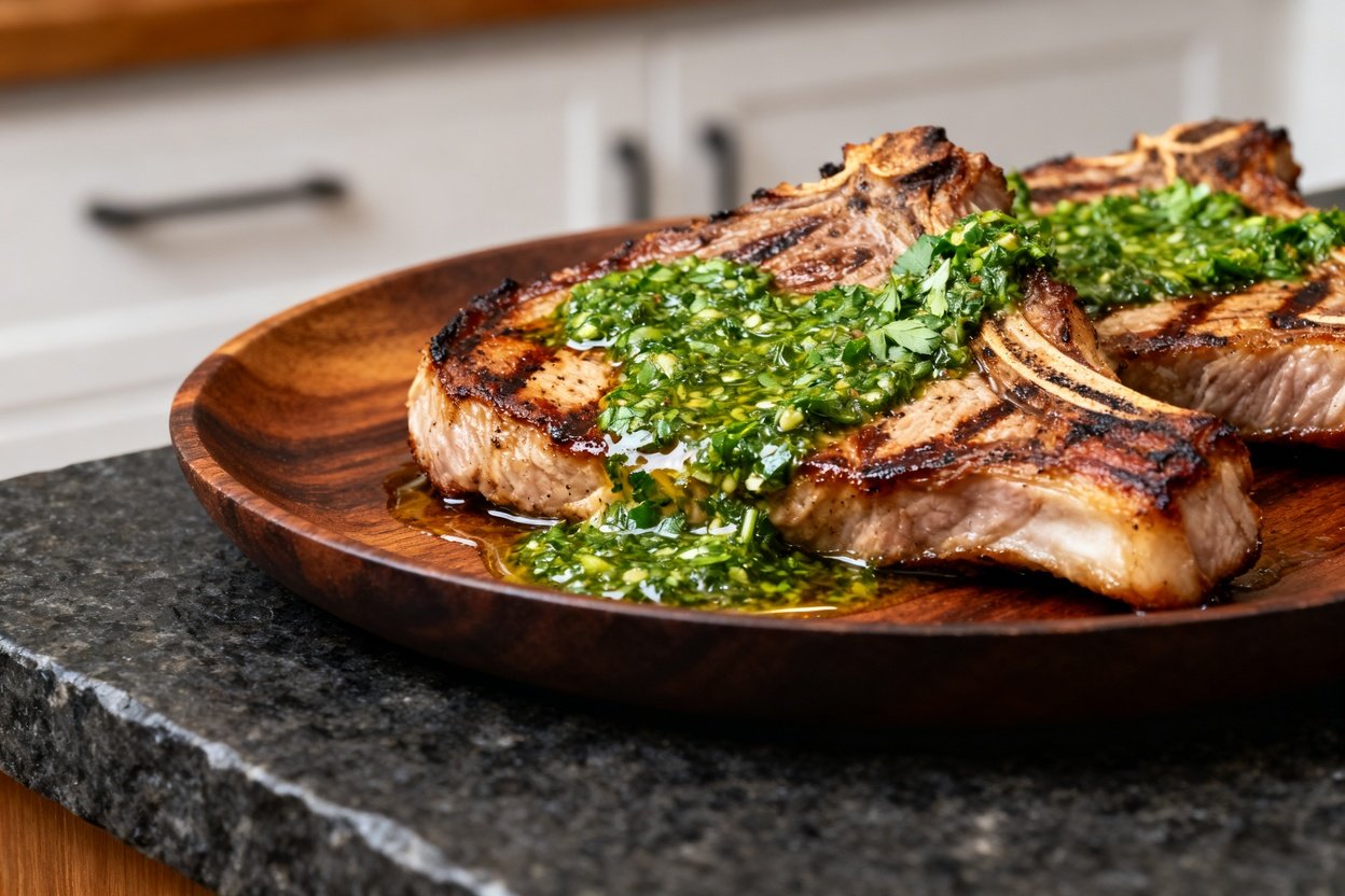 ximately 30–45 degrees, emphasizing the texture of the grilled pork chops plated on dark wood servin