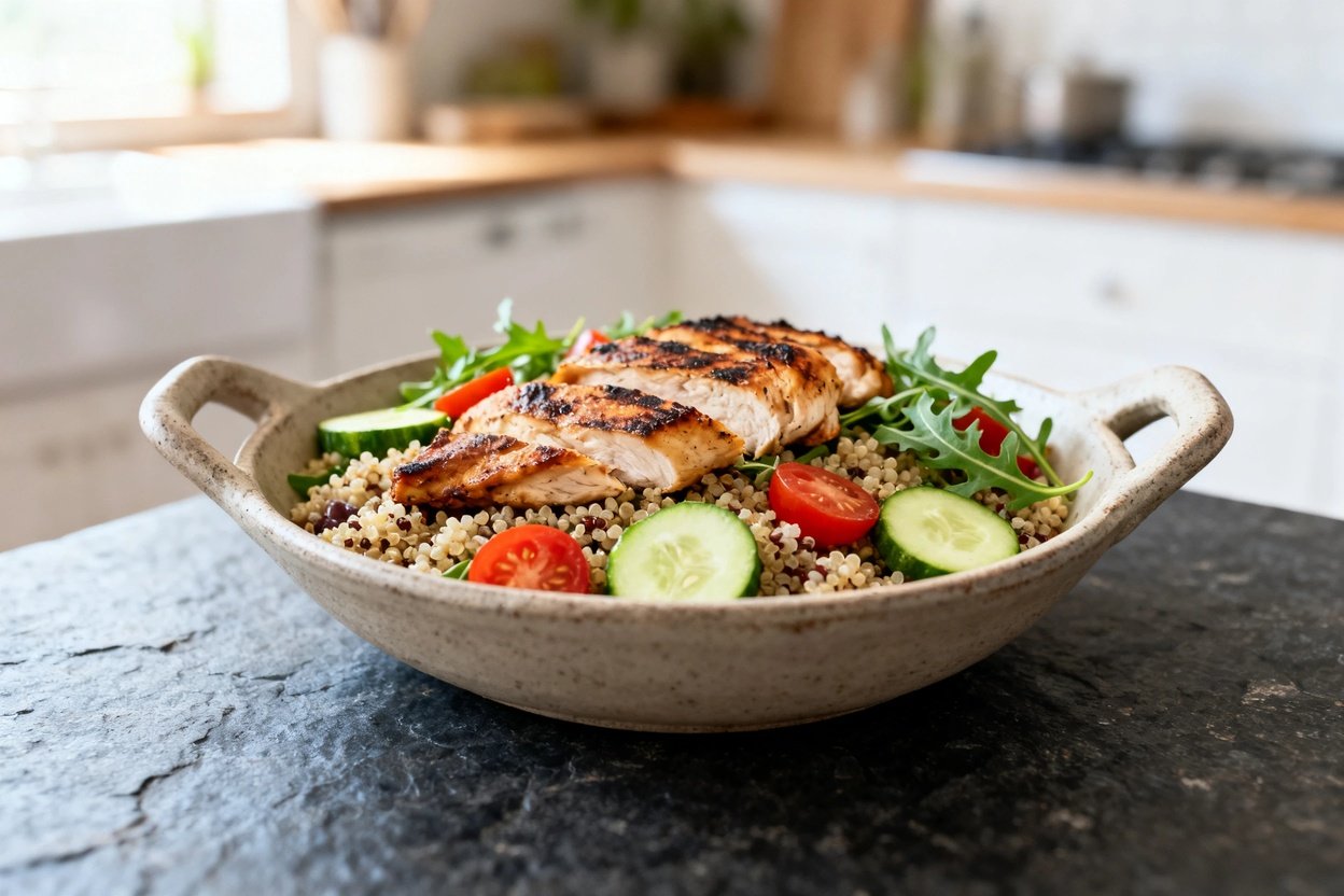 -degree perspective of the same Mediterranean Grilled Chicken and Quinoa Salad as in Image 1. The sa