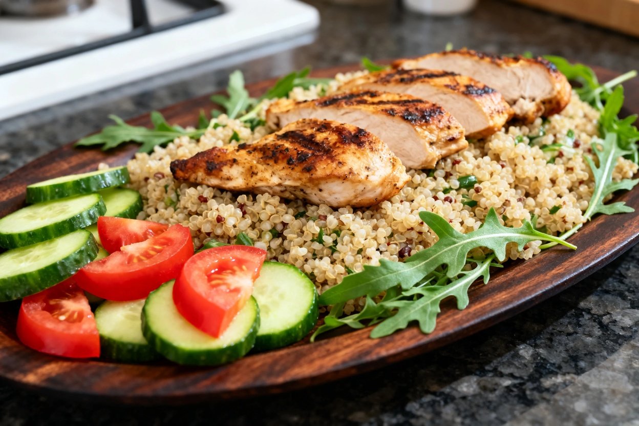 sing on the texture of the Mediterranean Grilled Chicken and Quinoa Salad. The image features the sa