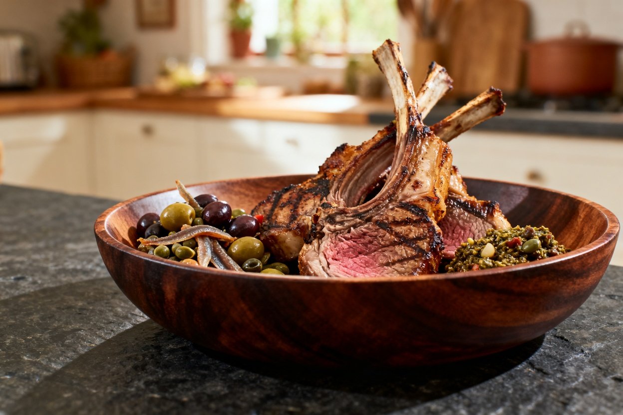 ly 30-40 degrees, depicting the same grilled lamb chops in a dark wood serving bowl, showcasing the