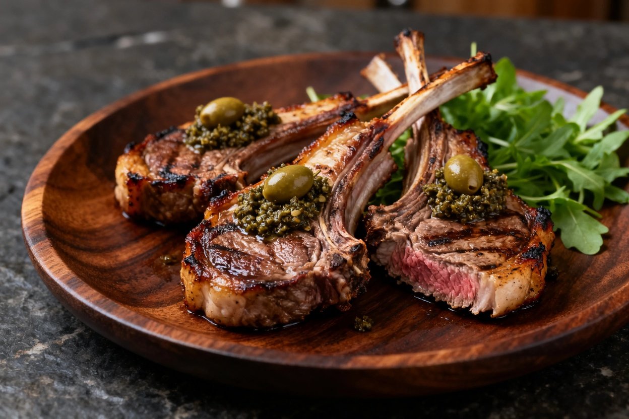 ely 30-45 degrees, focusing on the texture of the grilled lamb chops, accentuating the charred exter