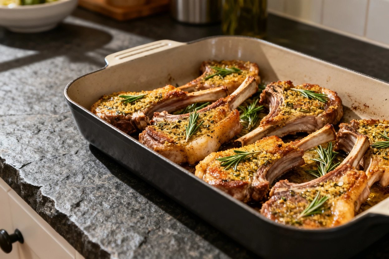 0 degree angle, this image presents the same herb-roasted lamb chops in the final roasting pan, illu