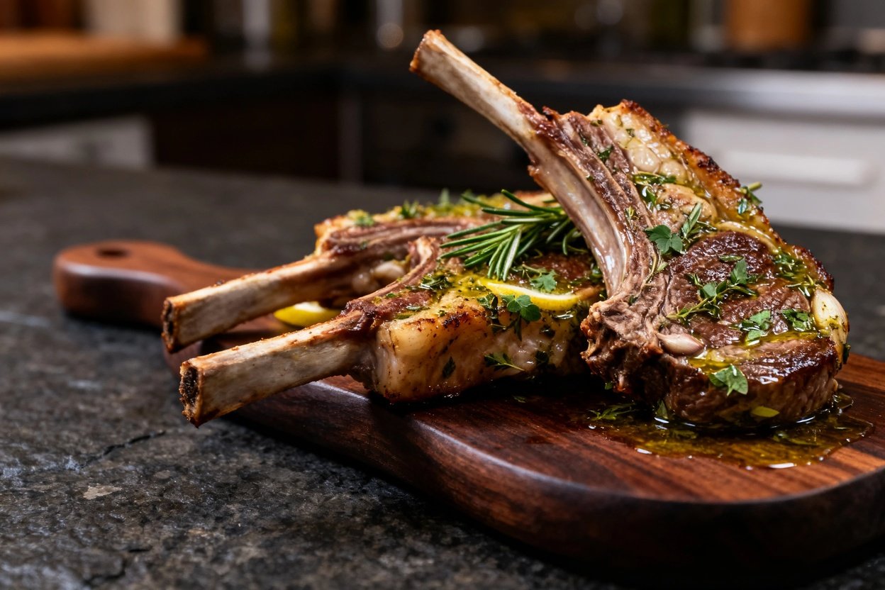 , taken at approximately 30–45 degrees, emphasizes the texture of the herb-roasted lamb chops, marin