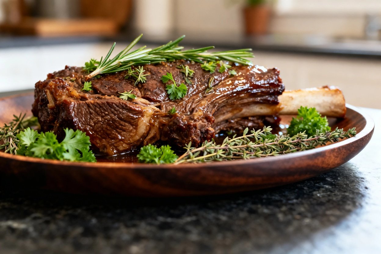 Close-up focusing on the rich texture of the Paleo AIP Braised Lamb, centered on a dark wood serving plate.