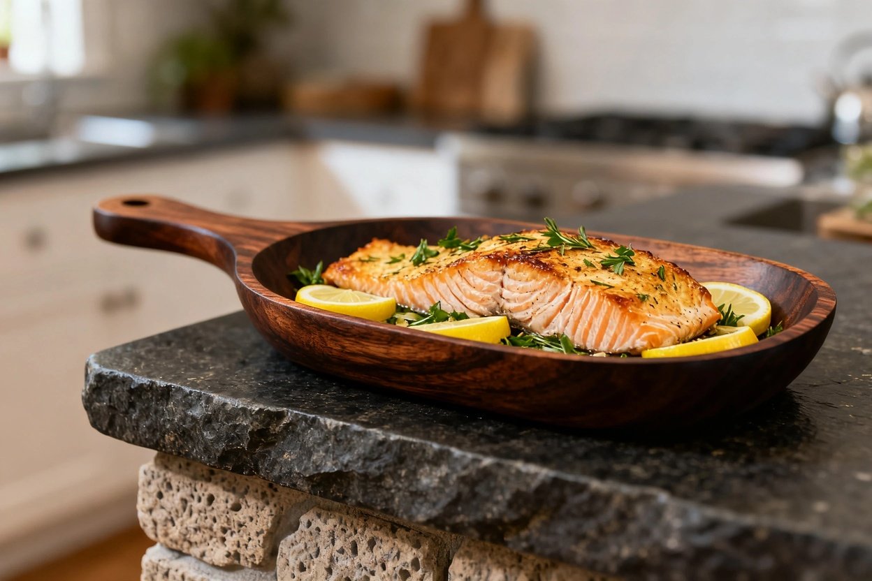 Baked salmon fillet viewed at a slightly angled perspective, around 30-40 degrees. The portion and presentation reflect its zestiness and freshness.