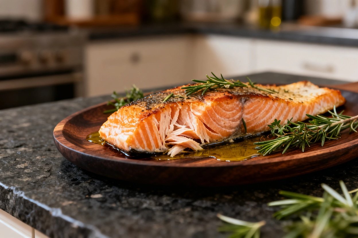 Close-up view of baked salmon at approximately 30-45 degrees, focusing on the texture and richness of the baked salmon fillet. The dish is elegantly presented to highlight its flavors.