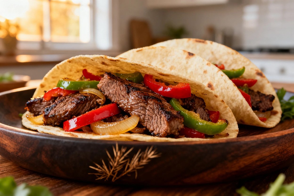 he keto beef fajitas. The close-up focuses on the texture and enticing detail of the seared beef, vi