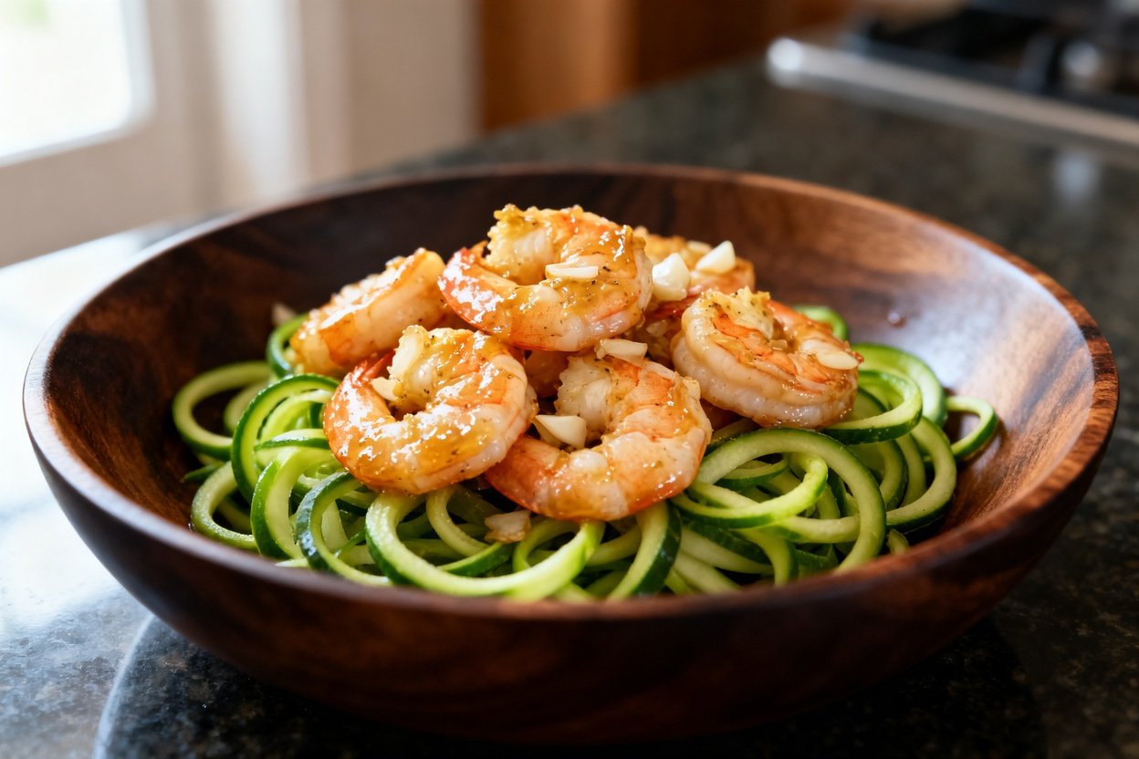 –40 degrees view of the garlic butter shrimp over spiralized zoodles, maintaining the identical visu