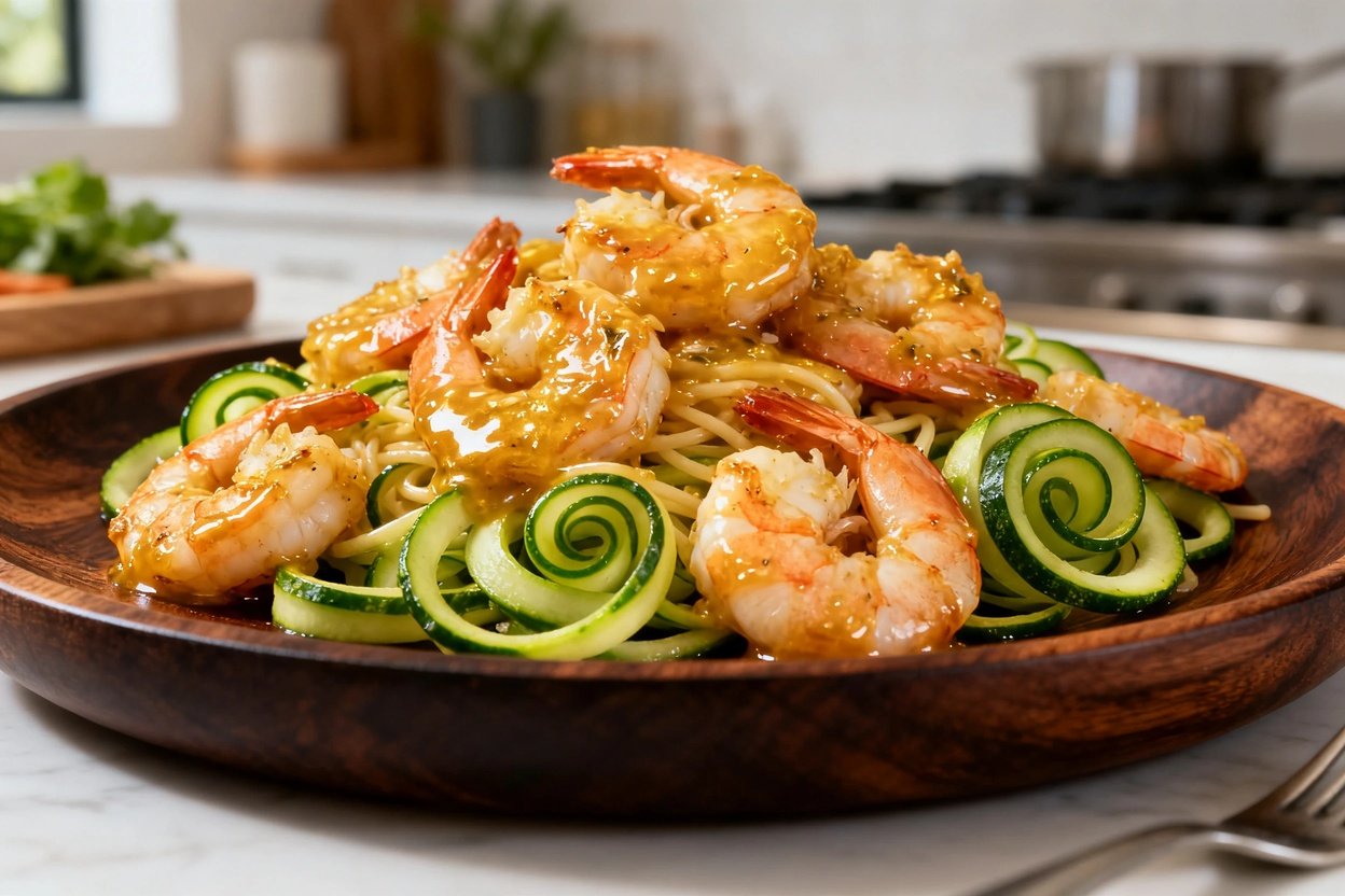 30–45 degrees, focusing on the texture and detail of the dish. The garlic butter shrimp is visibly c