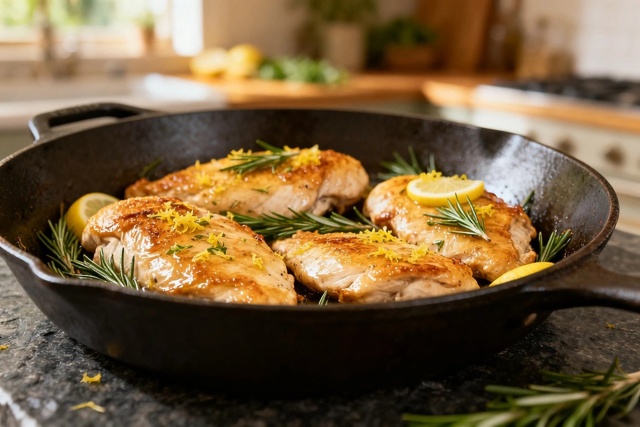 –40 degrees showcases the lemon rosemary chicken in the final cooking skillet. The boneless, skinles