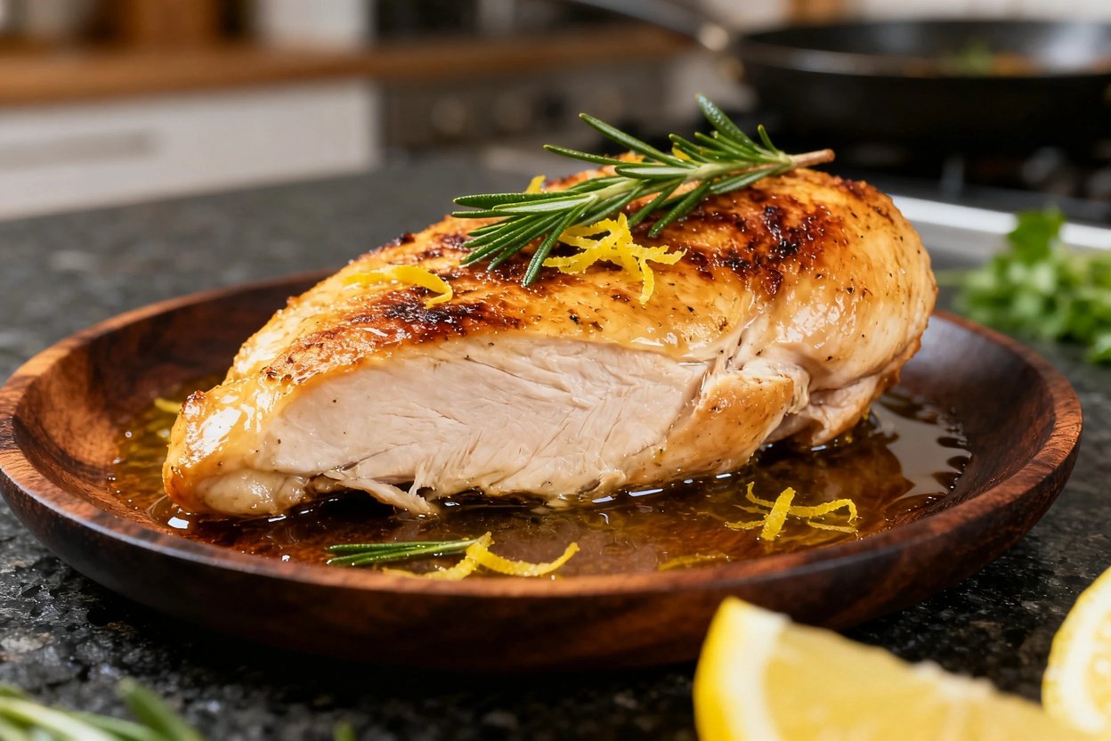 ees, features a plated portion of lemon rosemary chicken. The boneless, skinless chicken breast is d