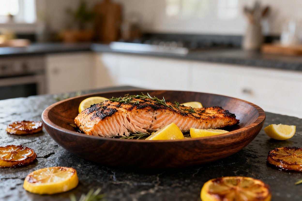 ective of about 30–40 degrees, the Lemon Herb Grilled Salmon is presented identically as in the overview.