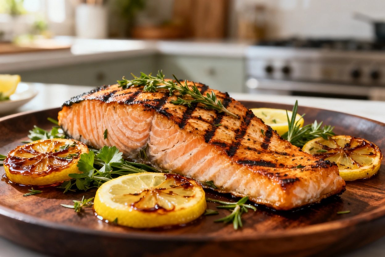 y 30–45 degrees focusing on the texture of the Lemon Herb Grilled Salmon. The dish is centered on the plate.