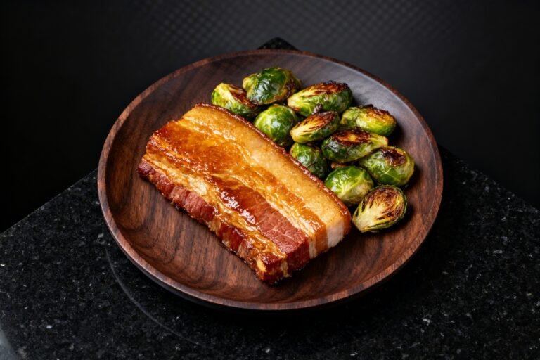 Crispy Pork Belly with Roasted Brussels Sprouts | Kevin Wagonfoot